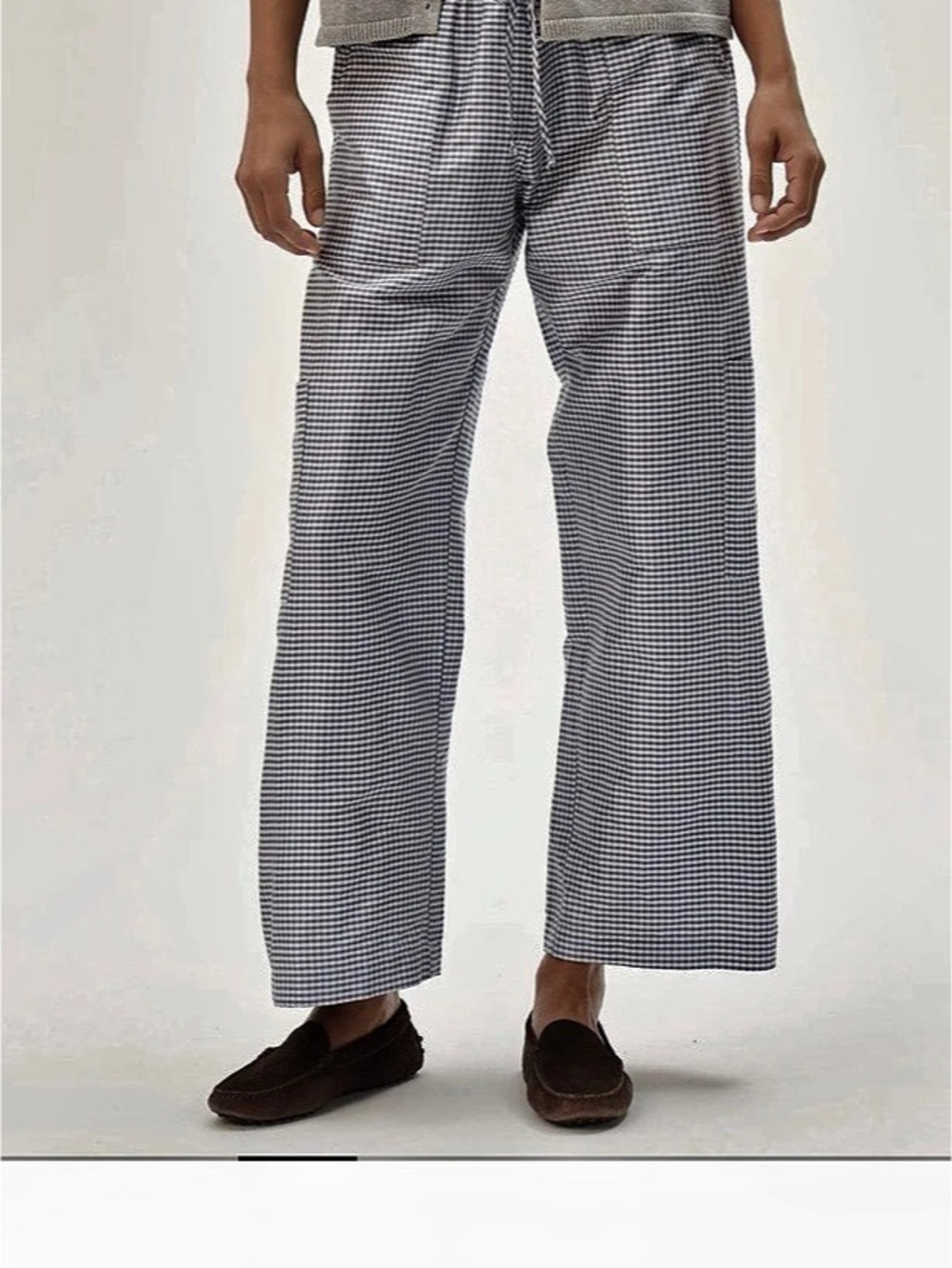 DONNI. The Silk Taffeta Cargo Pant. Gingham Wide Leg Pants in Blue & White size